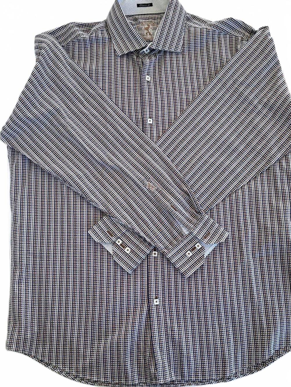 Bugatchi Men's Classic Fit Checkered Brown/Blue/White Button Down Shirt - L
